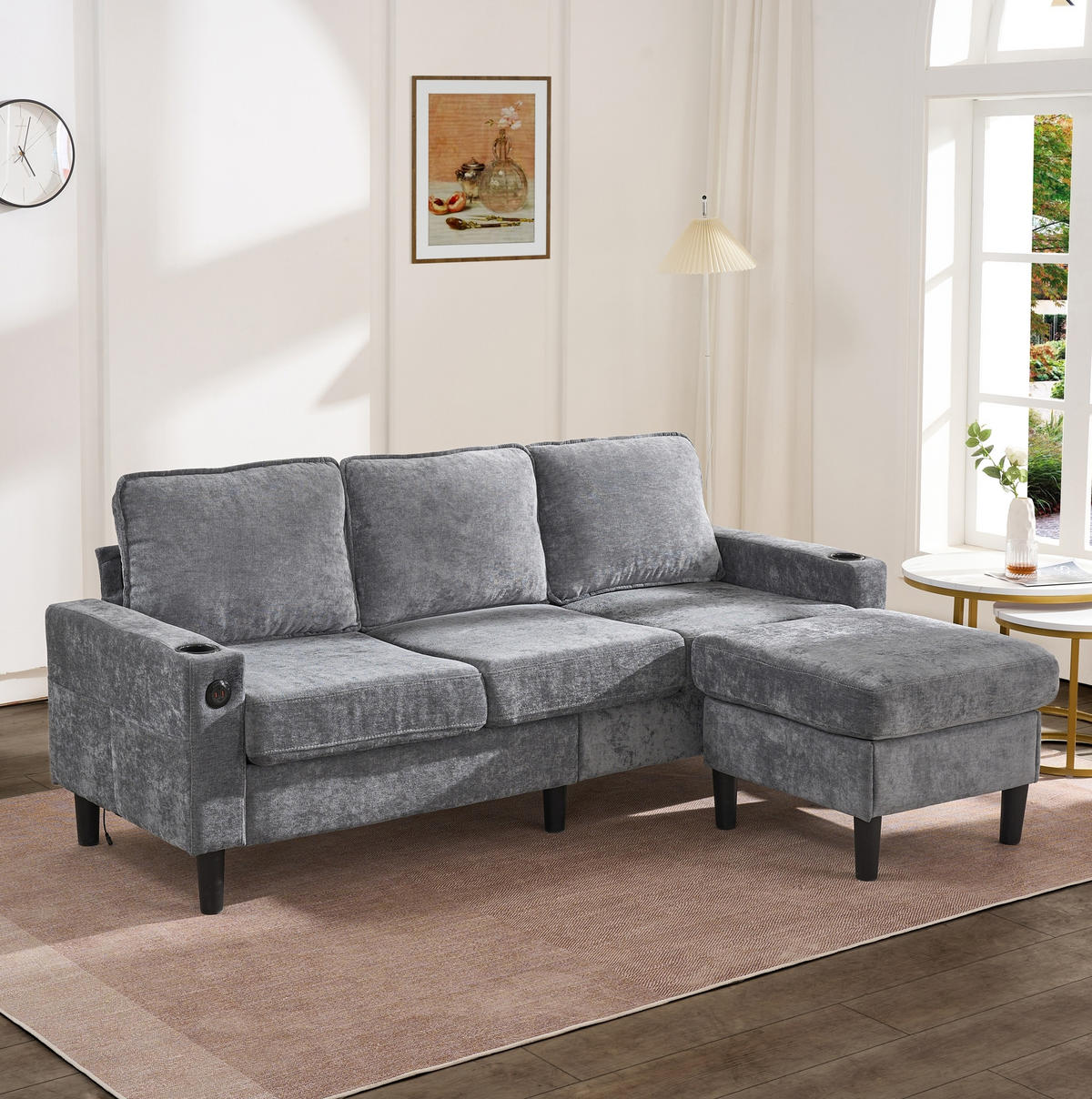 SOFA L-Form mit USB, Typ-C und Hocker 202 x 137 cm Leinen Grau - Grau, Kunststoff (137/202cm) - Meubliv