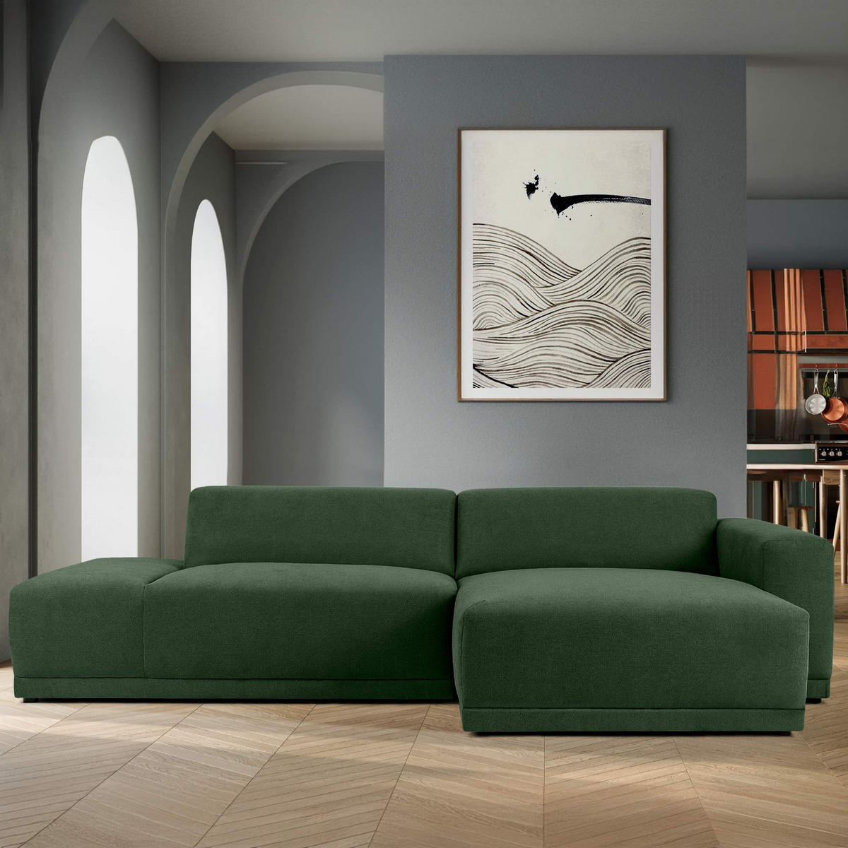 ECKSOFA RECHTS MUDI in moderner Optik mit hochwertigem Kaltschaum, Cord-Stoff, Grün - Schwarz/Grün, Textil (280/160cm) - KONSIMO®