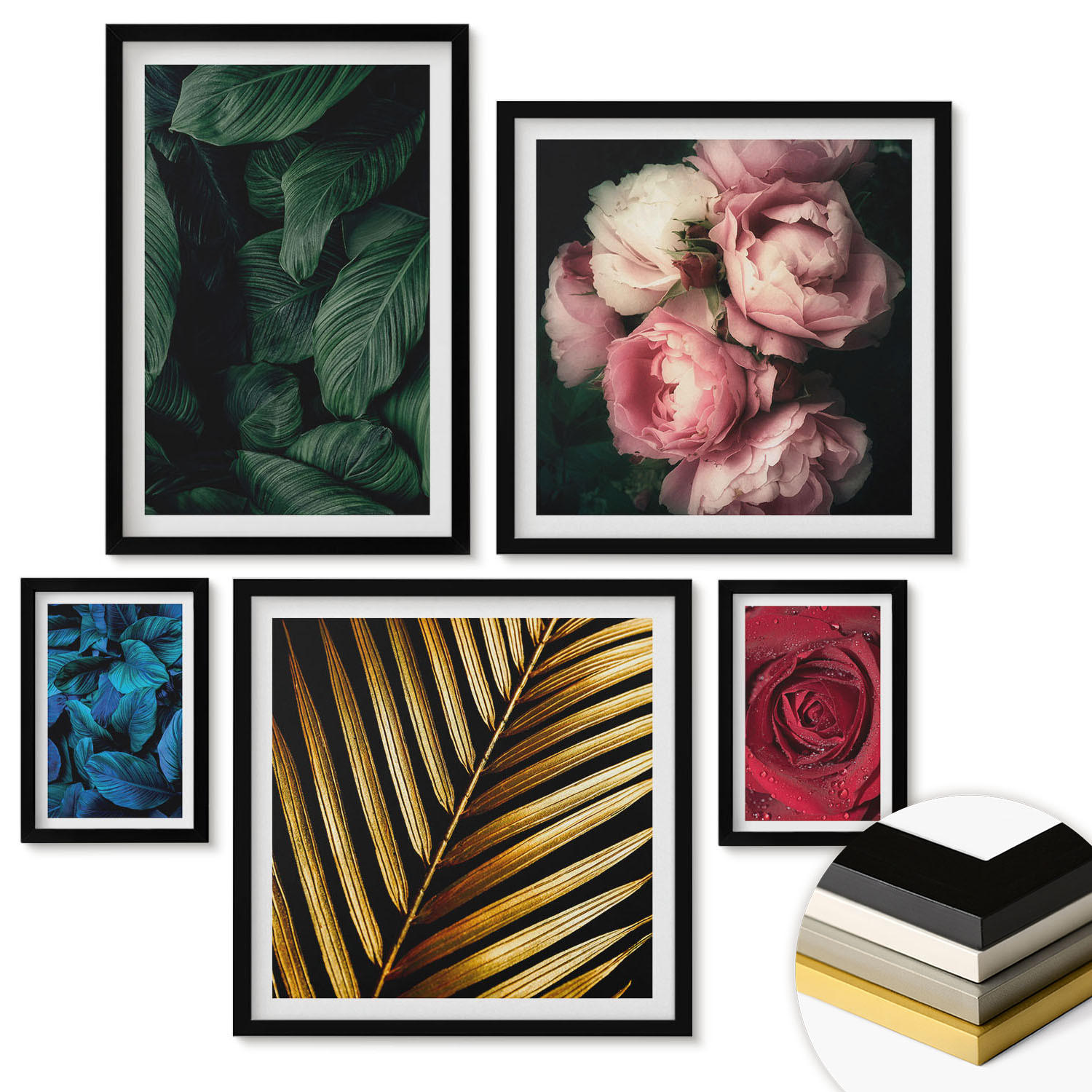 WANDBILDER 5er-Set - 50x50 cm & 20x30 cm & 40x60 cm Schwarzer Rahmen - Abstrakte schwarze Muster - Schwarz, Kunststoff (40/60cm) - ArtPrintCave