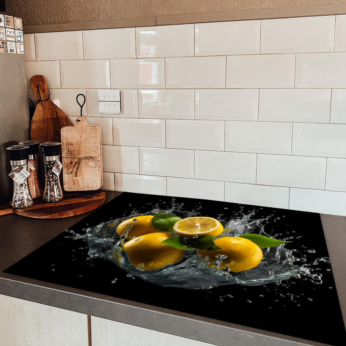 HERDABDECKPLATTE Zitrone - Obst - Gelb - Schwarz 77x59 cm - Gelb, Kunststoff (77/0.2/59cm) - MuchoWow