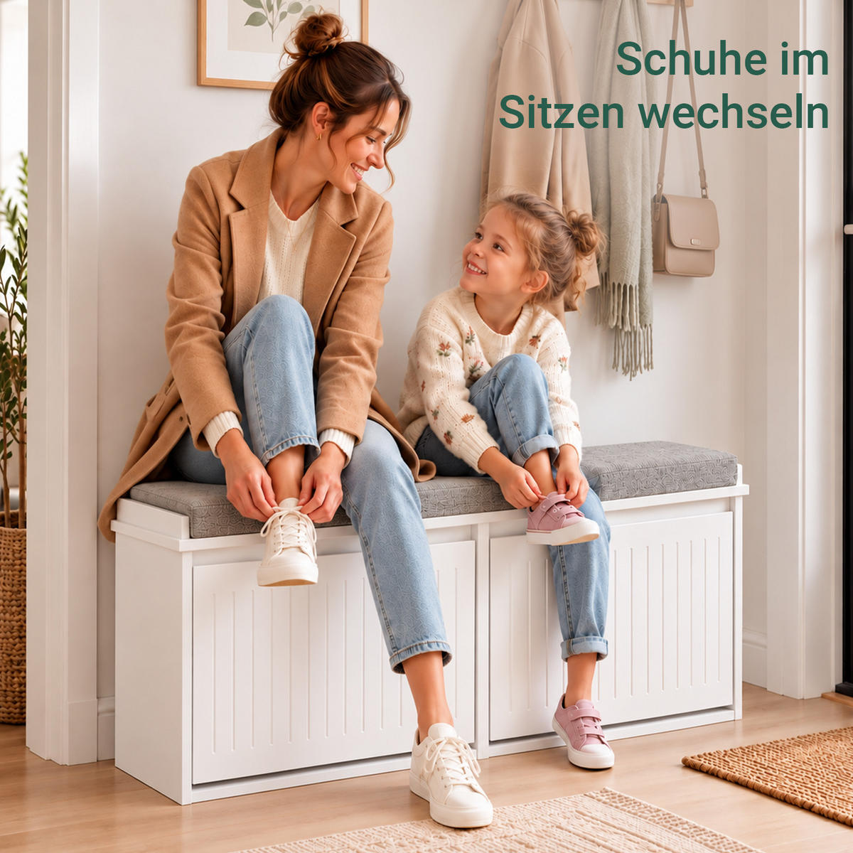 SCHUHBANK Weiß, 100 x 46 x 26 cm, 2 Klappen für ca. 8 Paar Schuhe, bis 158 kg, abnehmbares Sitzpolster, Filzgleiter - Weiß, Holzwerkstoff (100/46/26cm) - SoBuy