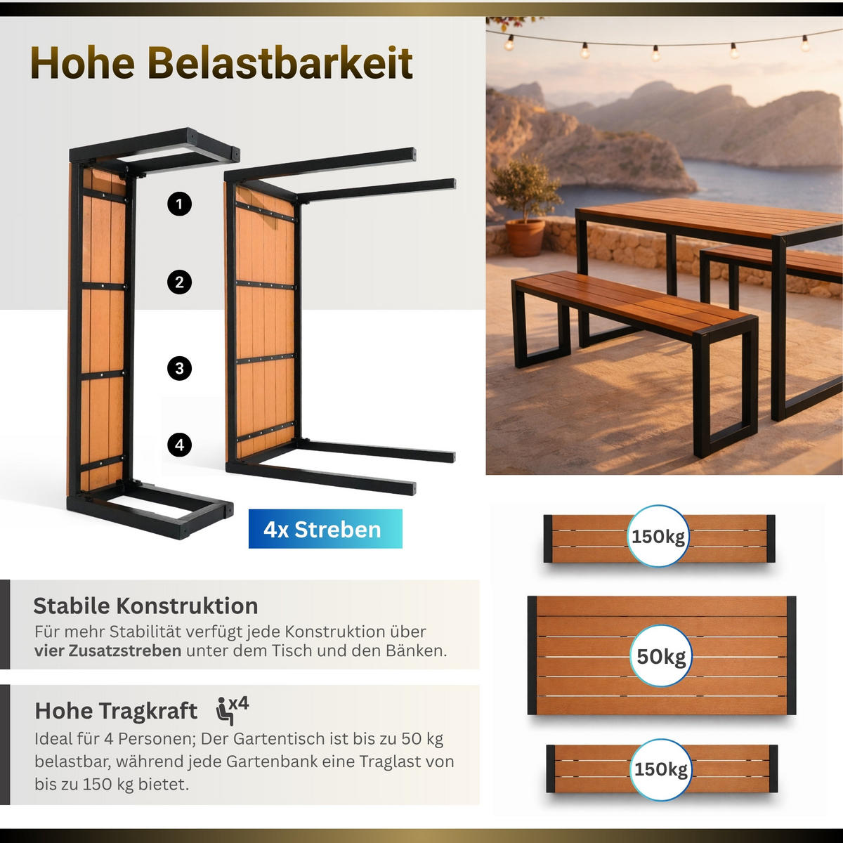 BIERZELTGARNITUR MALLORCA 3-teilig 4 Personen 118cm breit Holzoptik - Schwarz/Braun, Kunststoff/Metall - BERLINLODGE
