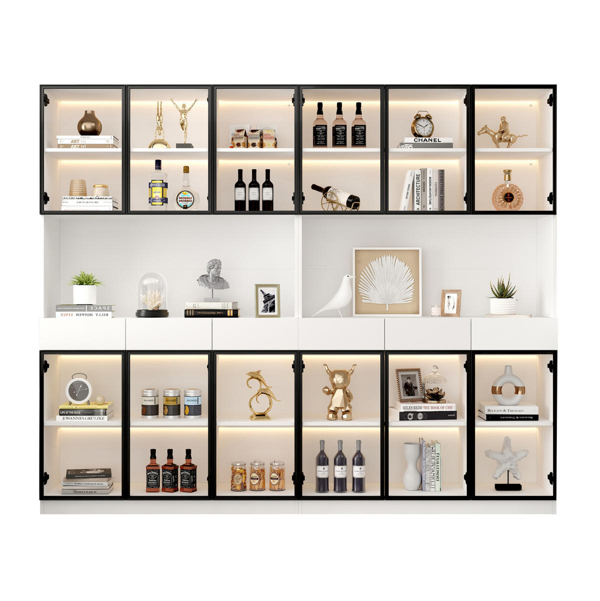 VITRINENSCHRANK mit LED 240 x 200 cm Weiß mit schwarzem Aluminiumrahmen - Weiß, Holzwerkstoff (240/200/36cm) - Beauniv