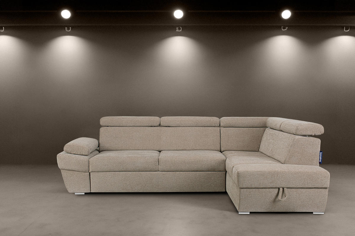SCHLAFECKSOFA RATLO rechts 4/5-Sitzer mit Bettkasten in Lederoptik, ecrue - Ecru/Silberfarben, Textil (270/190cm) - KONSIMO®