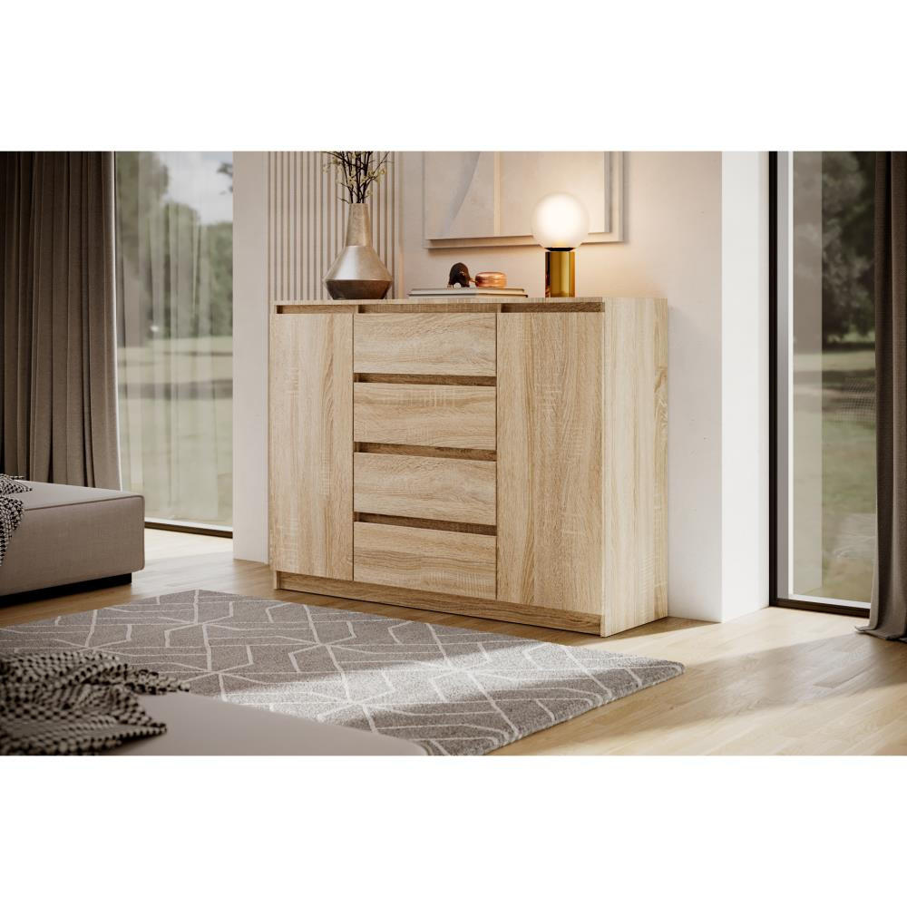 KOMMODE Lemon 120 cm mit zwei Türen und vier Schubladen eiche Sonoma - Sonoma Eiche, Holzwerkstoff (120/101.5/39cm) - Beautysofa