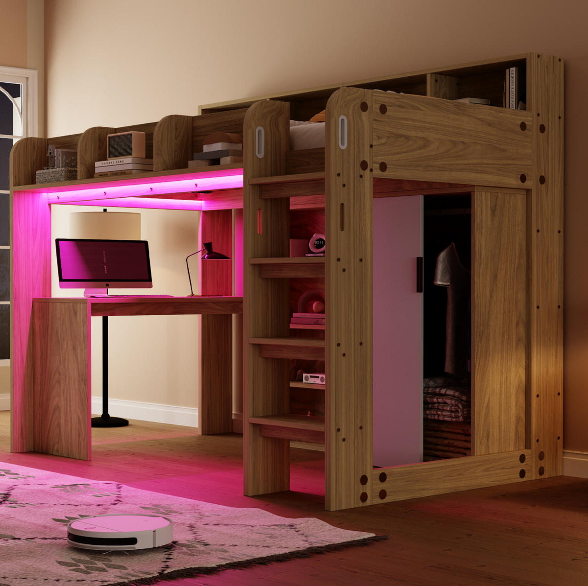 HOCHBETT aus Holzwerkstoff 90x200 cm Holzfarbe mit Schreibtisch, Kleiderschrank, LED und Steckdosen - Naturfarben, Holzwerkstoff (90/200cm) - IVMEU