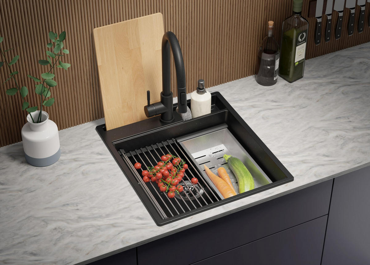 SPÜLBECKEN Oslo Pocket, 2-er set Schwarz Metallic 48/53 cm 1 Becken + Ablauf-Set + Küchenzubehörset ab 50er Unterschrank - Chromfarben/Schwarz Hochglanz, Kunststoff (48/20/53cm) - Primagran