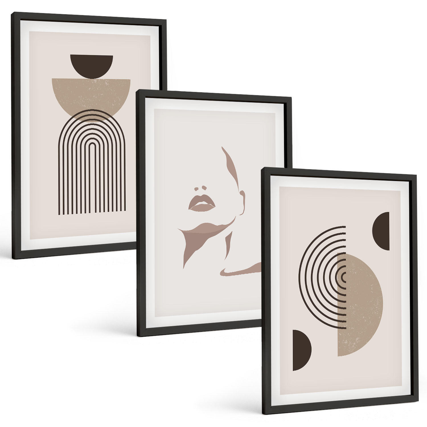 BILDER SET 3er Set - 40x60 cm Schwarzer Rahmen - Abstrakte Formen und Gesicht - Schwarz, Kunststoff (40/60cm) - TULUP