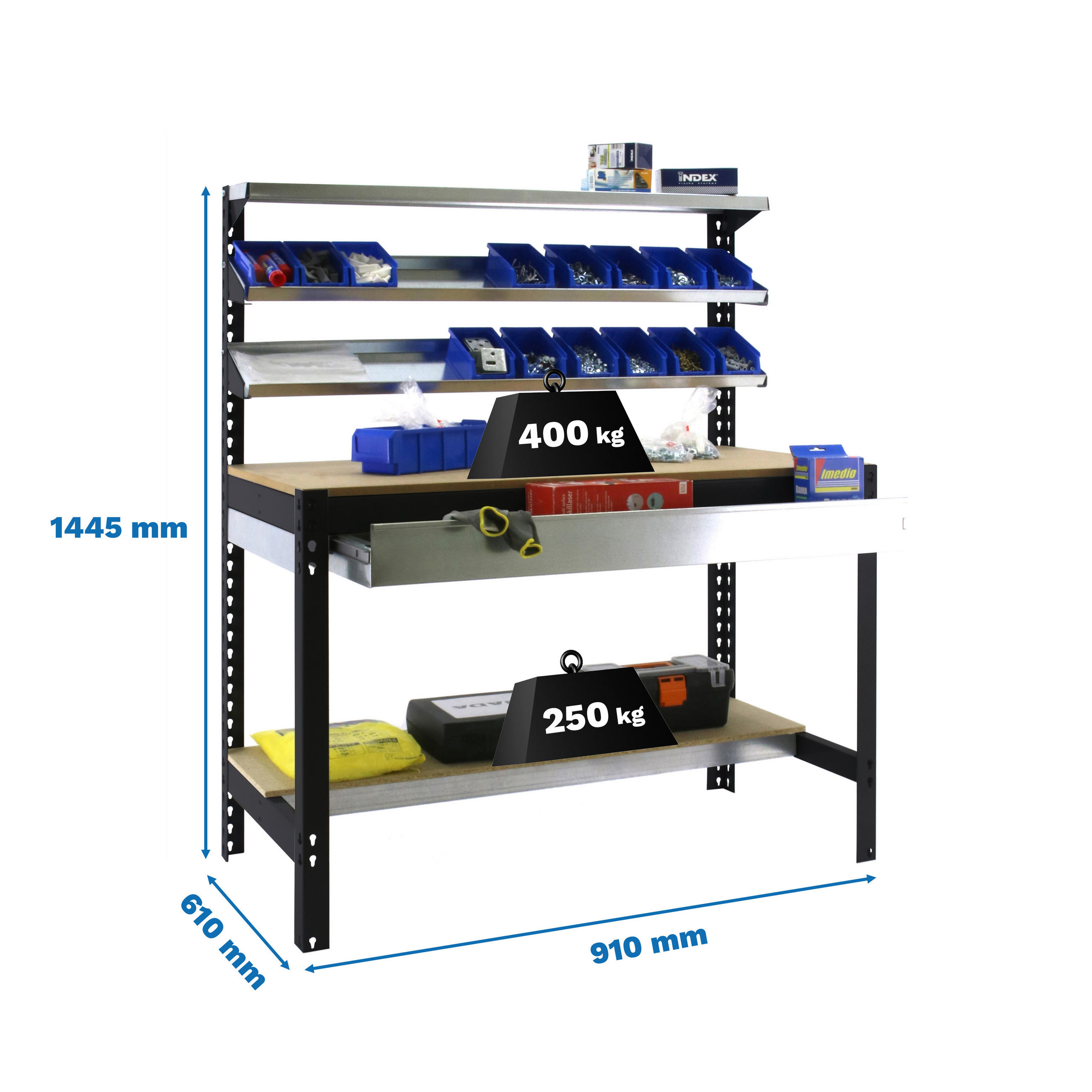WERKBANK BUFFALO mit Frontablage und Schubfach | HxBxT 84x90x61cm | Traglast 400kg | Anthrazit - Grau, Metall (90/84/61cm) - PROREGAL