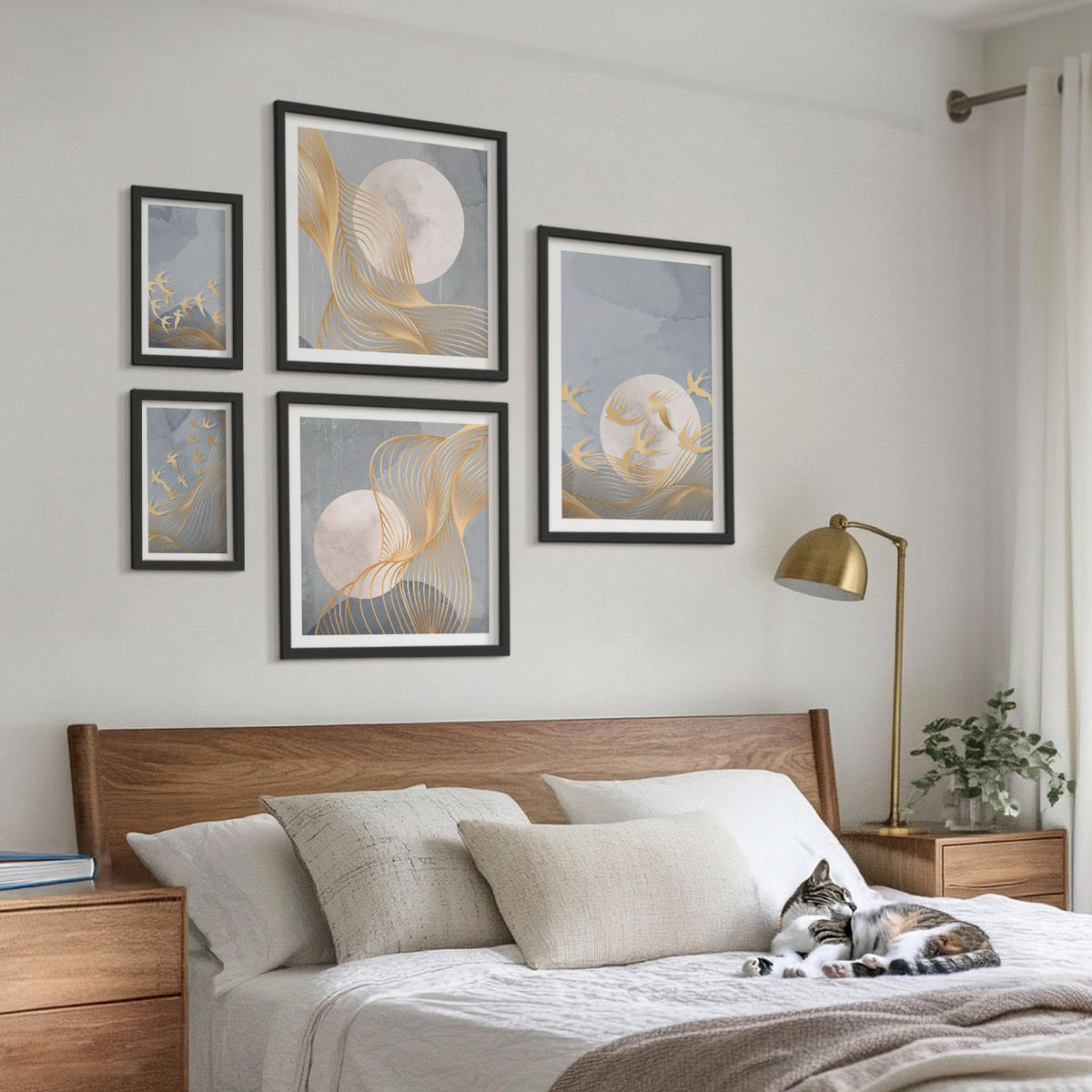 BILDER SET 5er Set - 50x50 cm & 20x30 cm & 40x60 cm Schwarzer Rahmen - Weiße Pferde - Schwarz, Kunststoff (40/60cm) - TULUP