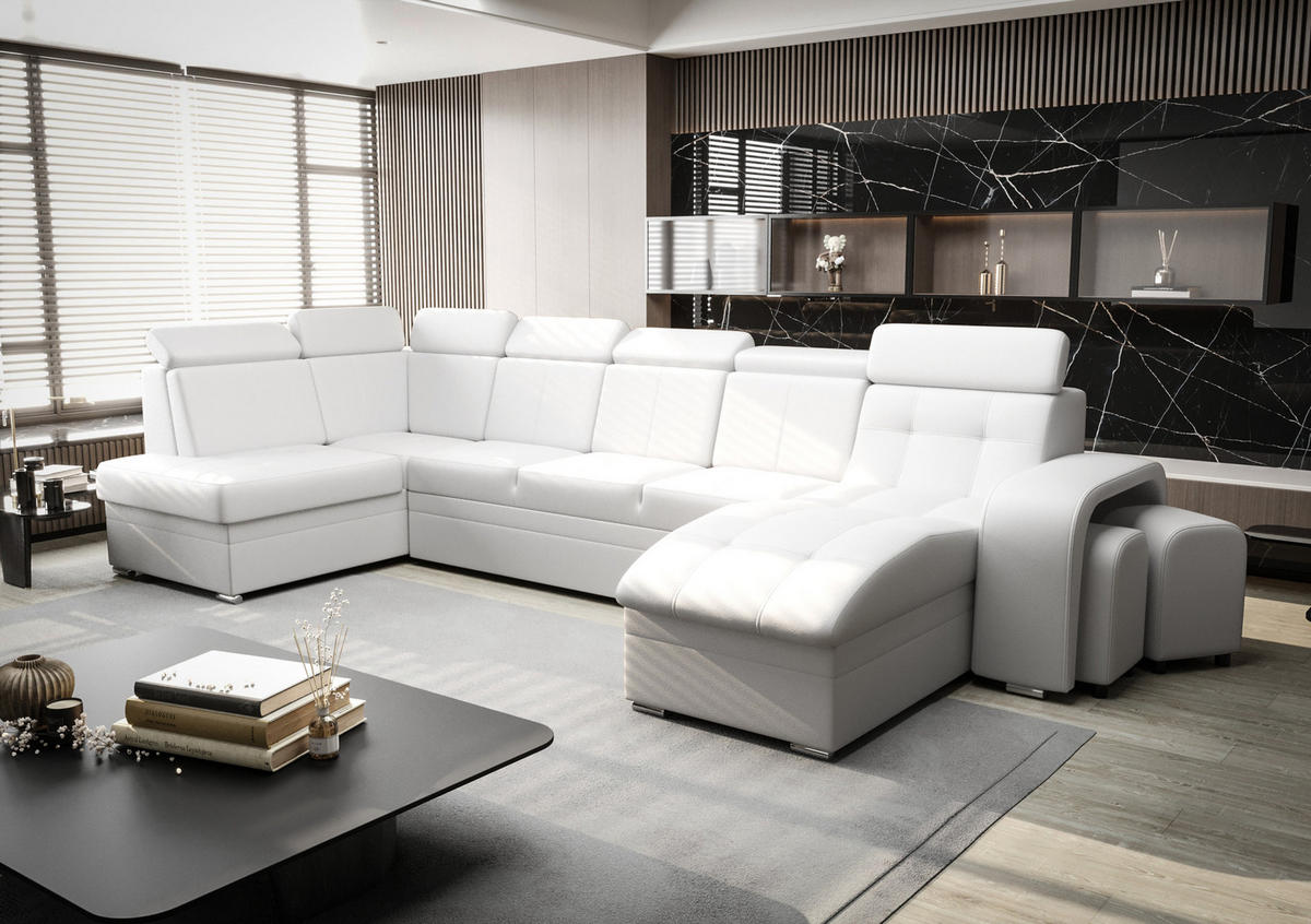 WOHNLANDSCHAFT KONGO RBN13, Eckcouch in U-Form mit Schlaffunktion, Farbe: Weiß, Kunstleder, Ottomane Rechts - Weiß, Textil (392/108/180cm) - O-Sofa