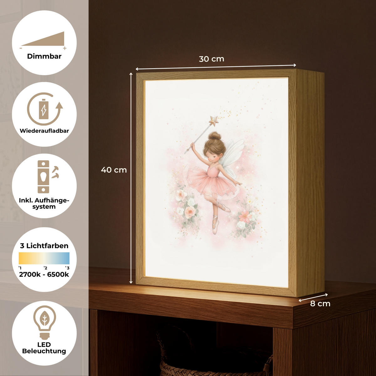 NÁSTĚNNÁ LAMPA S AKUMULÁTOREM Baletka - Víla - Květiny - Růžová 30x40 cm - růžová, kompozitní dřevo (30/40/8cm) - OnlyWow