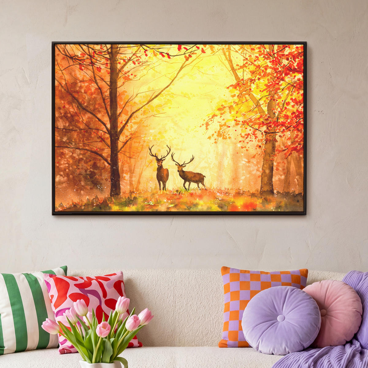 LEINWAND Bilder mit Rahmen - Natur - Ölfarbe - Hirsche - Tiere - Herbst - Orange - 90x60 - Orange, Textil (90/60cm) - MuchoWow