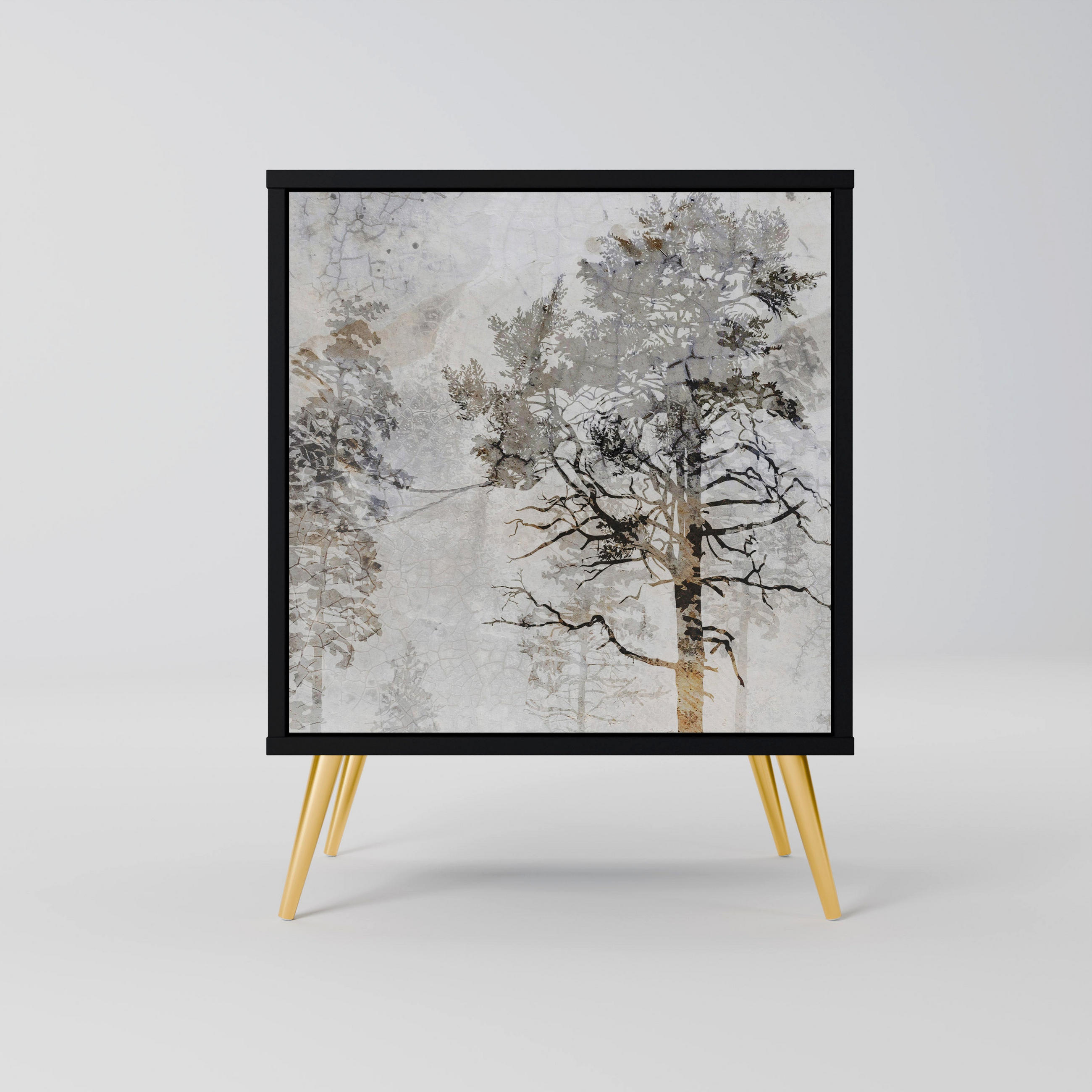 SIDEBOARD FADE IN THE TREES, Schwarz, 57,5x42x75,5 cm, Goldfarbene Metallfüße - Goldfarben/Multicolor, Holzwerkstoff/Metall (57.5/75.5/42cm) - SpaceRebels