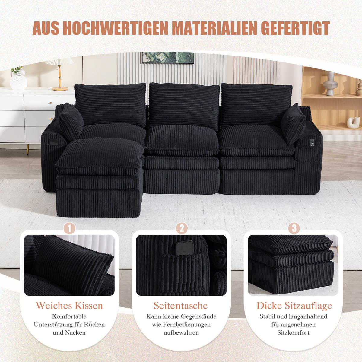 3-SITZER ECKSOFA Cord Schwarz mit Kissen und Hocker - Schwarz, Textil (263/167cm) - WISHDOR