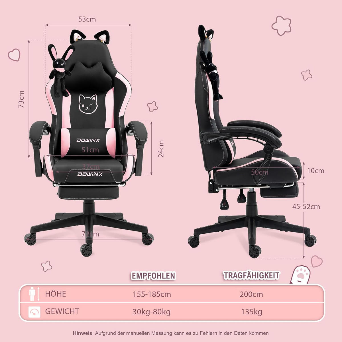 GAMING Stuhl & Lendenwirbelstütze/Hoher Rückenlehne/Fußstütze PU-Leder - Rosa, Leder (72/118/72cm)