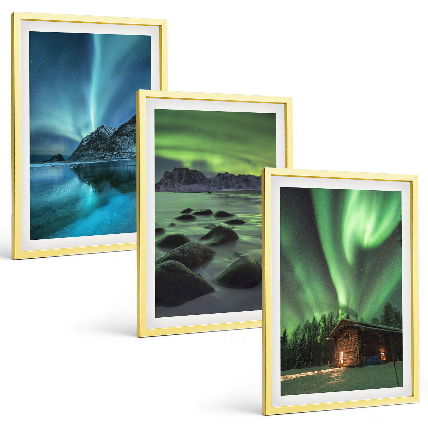 BILDER SET 3er Set - 40x60 cm Goldrahmen - Winterlandschaften, Nordlichter, Berge - Goldfarben, Kunststoff (40/60cm) - TULUP
