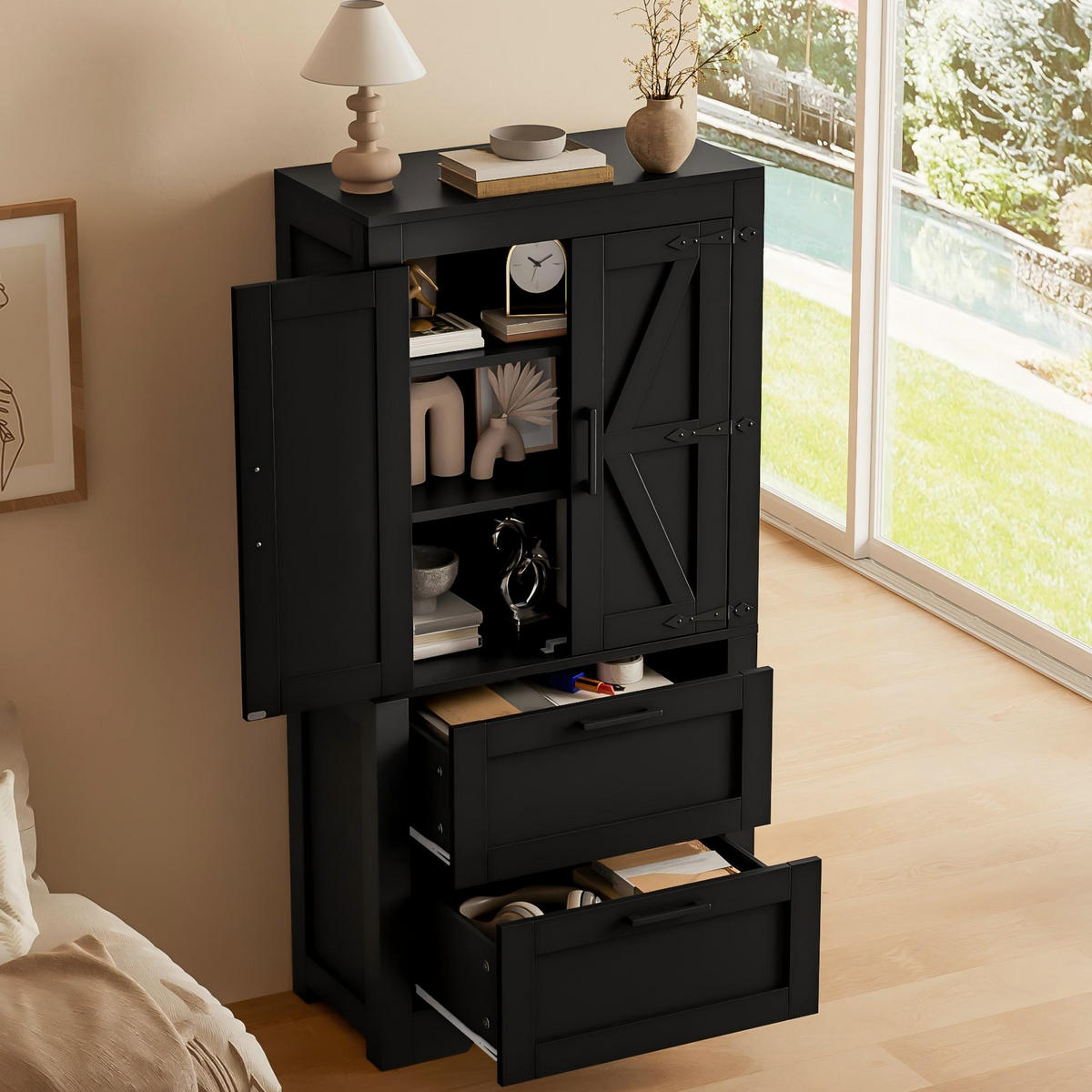 HIGHBOARD DE-38698 60/30/128 cm 2 Schubladen und Scheunentür Schwarz - Schwarz, Holzwerkstoff (60/128/30cm) - ComfortXL