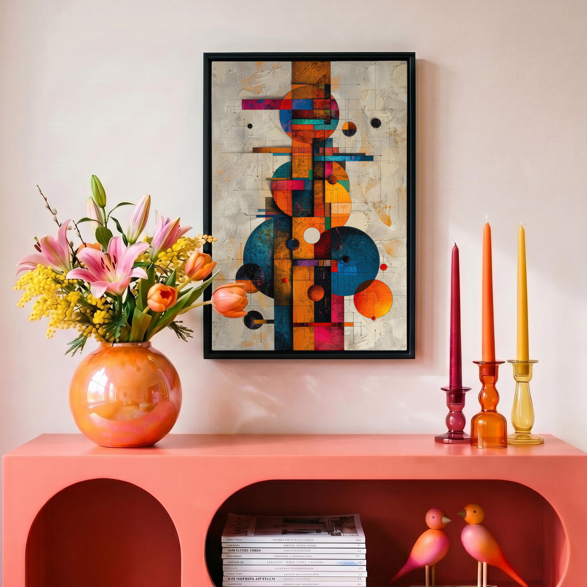 LEINWAND Bilder mit Rahmen - Vintage - Moderne Kunst - Orange - Geometrische Formen - 20x30 - Multicolor, Textil (20/30cm) - MuchoWow