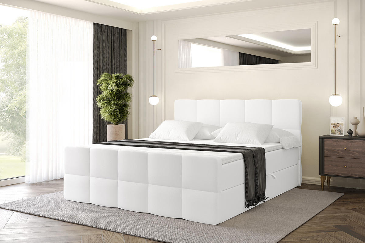 BOXBETT mit Matratze H4 und Lattenrost - LIRO-Z - 180x200 - Weiß Kunstleder - Weiß, Holzwerkstoff (180/200cm) - ALTDECOR