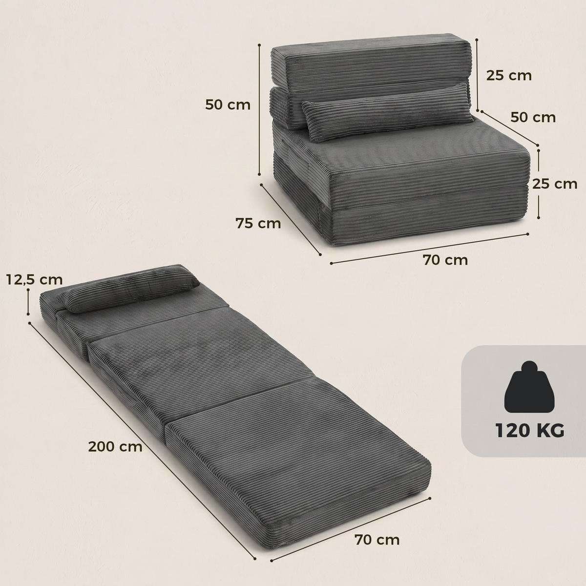 BODENSTUHL Polyester Dunkelgrau - Dunkelgrau, Textil (70/12.5/200cm) - HOMCOM