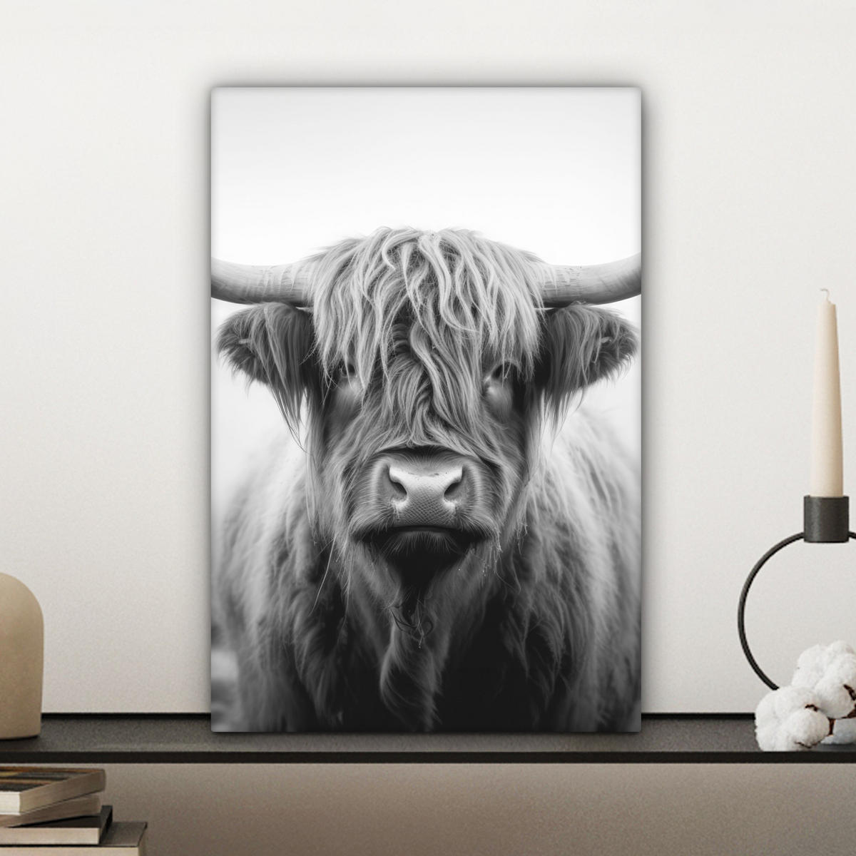 LEINWANDBILD - Schottischer Highlander - Nebel - Schwarz - Weiß - 20x30 - Bilder - Grau, Textil (20/30cm) - MuchoWow