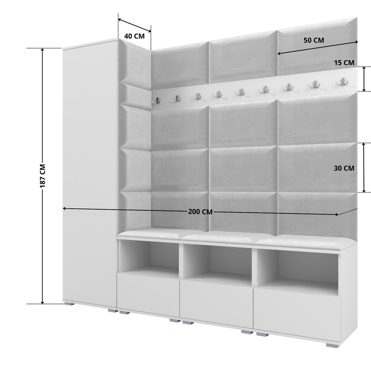 GARDEROBE NELA IX 200 cm (Modulare Flurmöbel Weiß mit Sitzpolster Hellgrau 32 Breite Sitzbank) - Silberfarben/Hellgrau, Holz/Holzwerkstoff (200/187/40cm) - Ravio