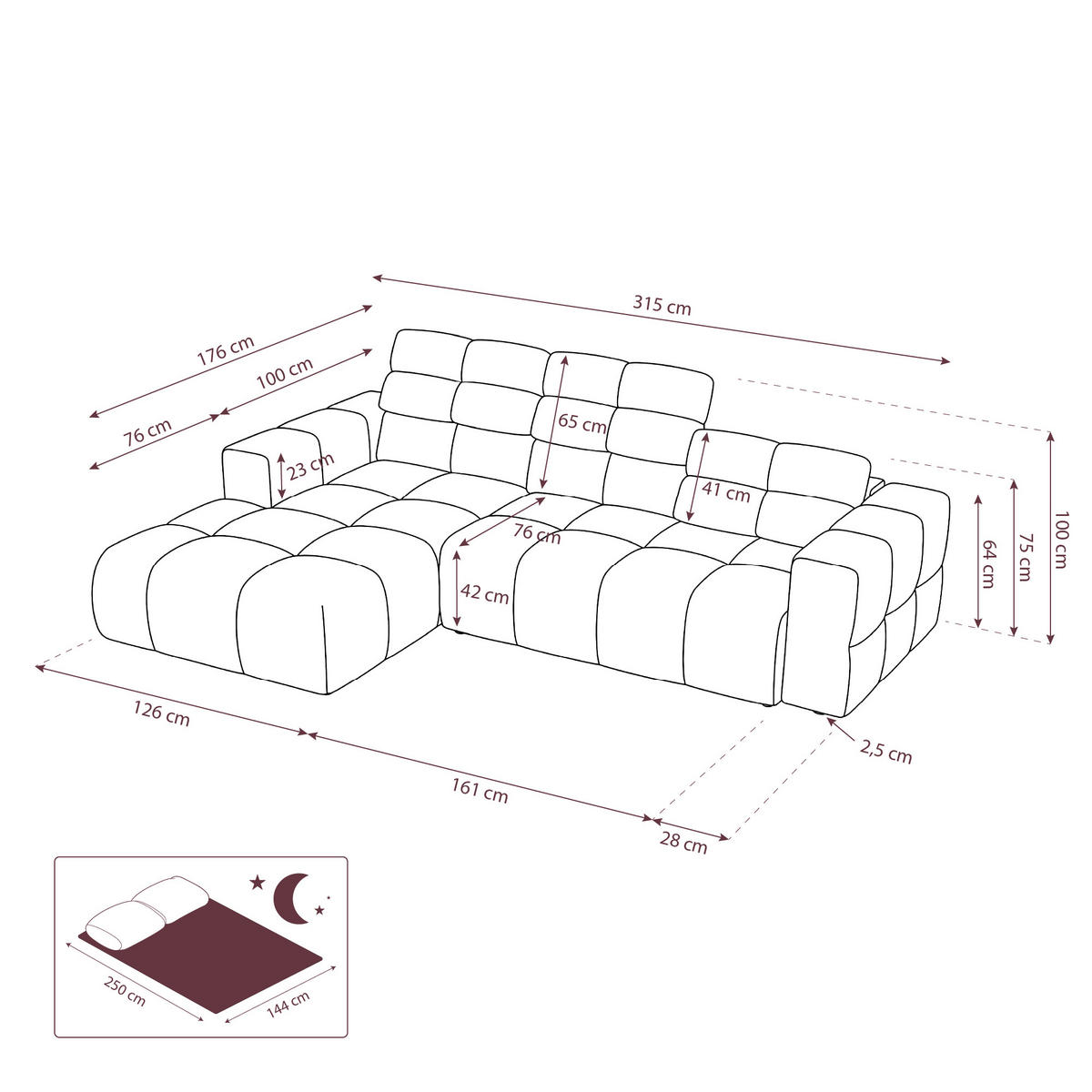 ECKSOFA TENDER Links mit Schlaffunktion und Verstellbare Kopfstützen, Chenille grau - Schwarz/Grau, Holz/Kunststoff (315/176cm) - Muffo