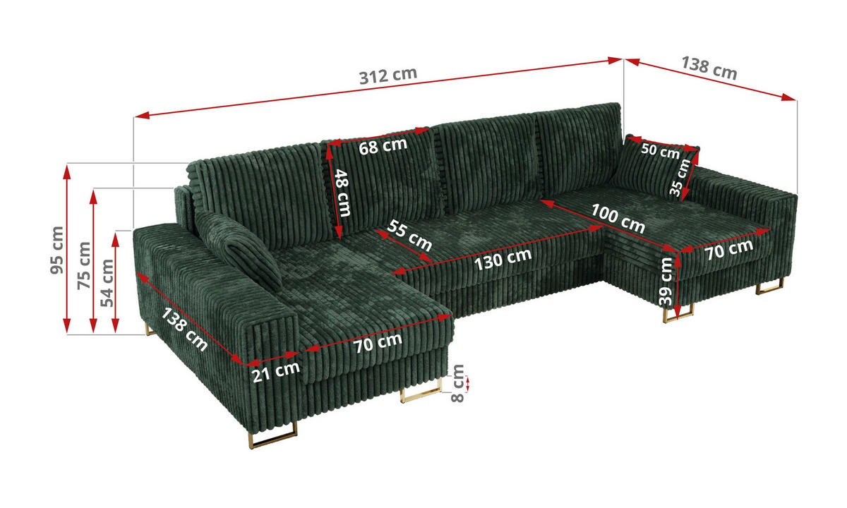 WOHNLANDSCHAFT DORIAN U Cord Grün - Goldfarben/Grün, Textil/Metall (312/95/138cm) - MKS
