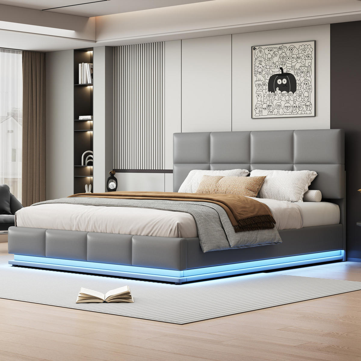 POLSTERBETT 180x200 cm mit Stauraum, LED, Lattenrost, Hellgrau - Grau, Holz (180/200cm)