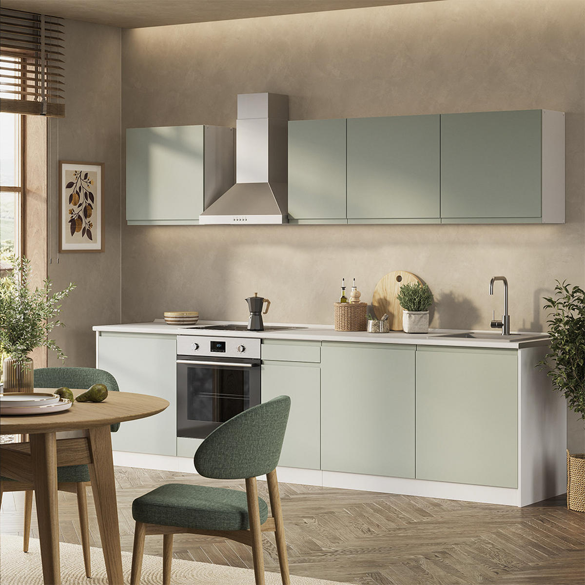 KÜCHENZEILE R-Line, Pastellgrün/Weiß, 280 cm Arbeitsplatte Satin - Pastellgrün/Weiß, Holzwerkstoff (280/206.8/60cm) - Vicco