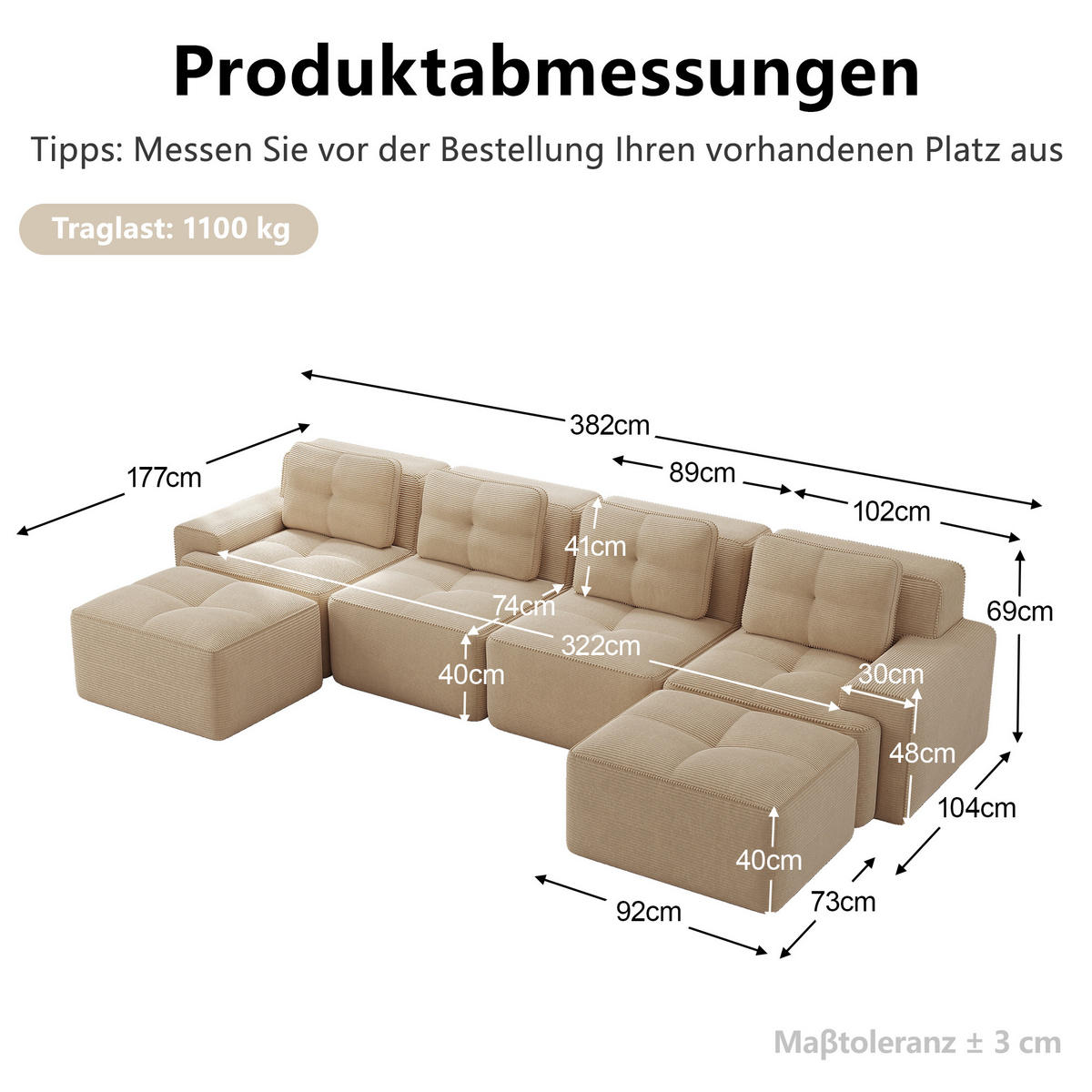 WOHNLANDSCHAFT DE-34113 modular 4-Sitzer mit Chaiselongue Beige - Beige, Textil (177/69/382cm) - ComfortXL