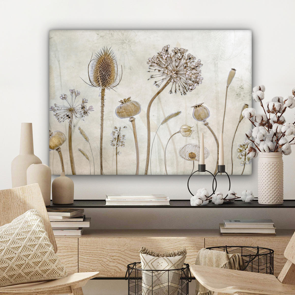 LEINWANDBILD Blumen - Aquarell - Stilleben - Braun - Vintage Wandbilder 80x60 cm - Beige, Textil (80/60cm) - MuchoWow