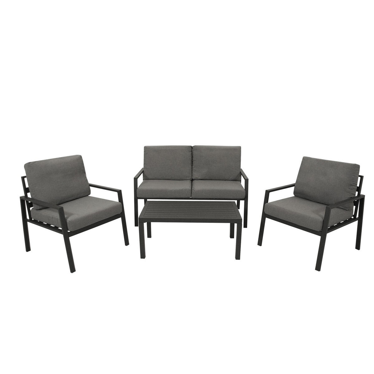 LOUNGESET Kilbride - 4-teilig (1x 2-sitzer Sofa mit Polster, 2x 1-sitzer Lehnenessel mit Polster, 1x Kaffeetisch), Aluminium - Grau, Metall - TPFGarden