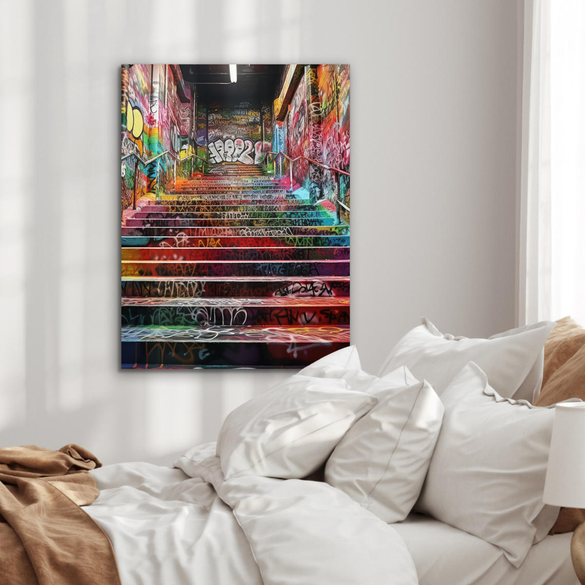 KOVOVÝ OBRAZ Schody - Graffiti - Farby - Umenie 60x80 cm - viacfarebná, kov (60/80cm) - MuchoWow