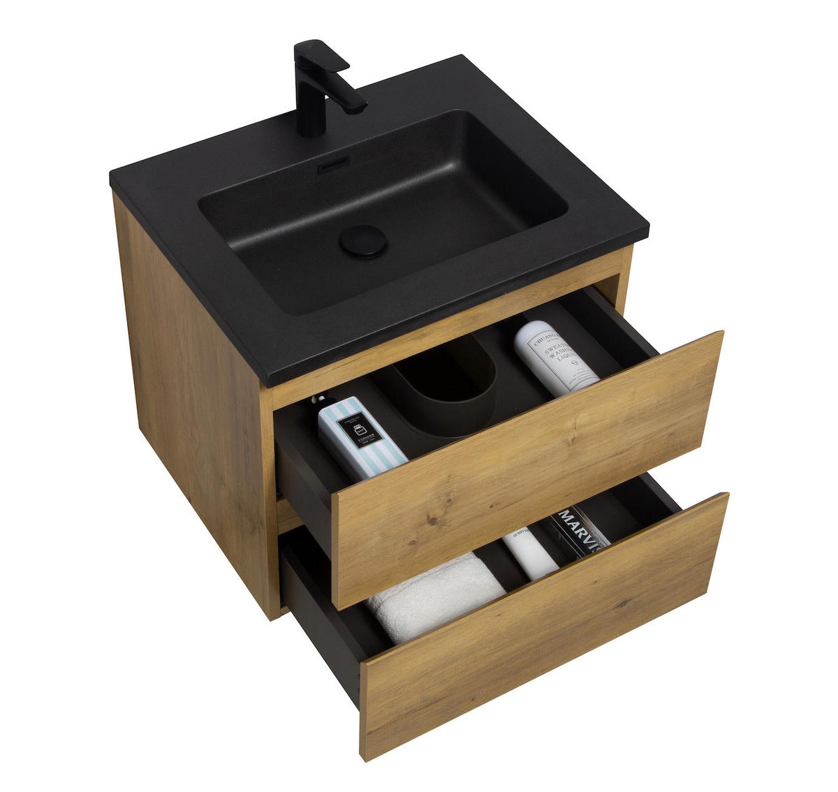 WASCHTISCHKOMBI Angela 2 Teile - Eiche Mit Schwarzem Waschbecken - 60 x 48 x 52 cm - Eichefarben/Schwarz, Holz (60/52/48cm) - Badplaats