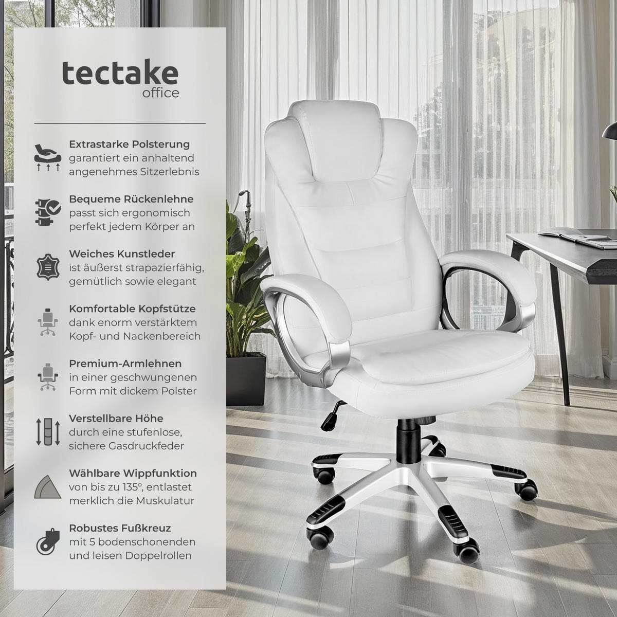 BÜROSTUHL Zulu,einstellbare Wippfunktion,weiß - Weiß, Leder (53/55/53cm) - tectake