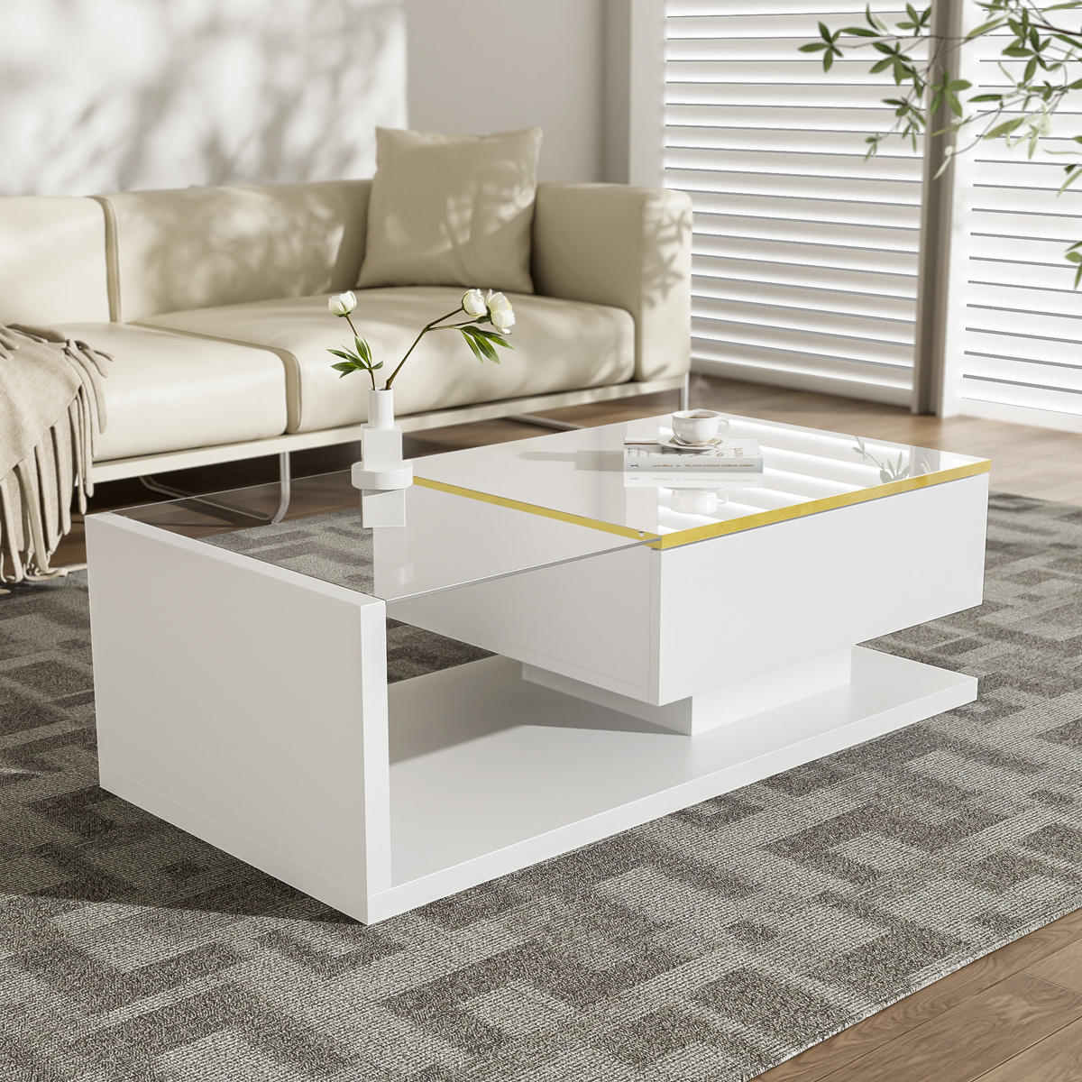 COUCHTISCH 100cm Weiß Hochglanz LED Effekt Glasplatte Beistelltisch - Weiß, Holz (112.98/60.96/14.99cm) - FLIEKS