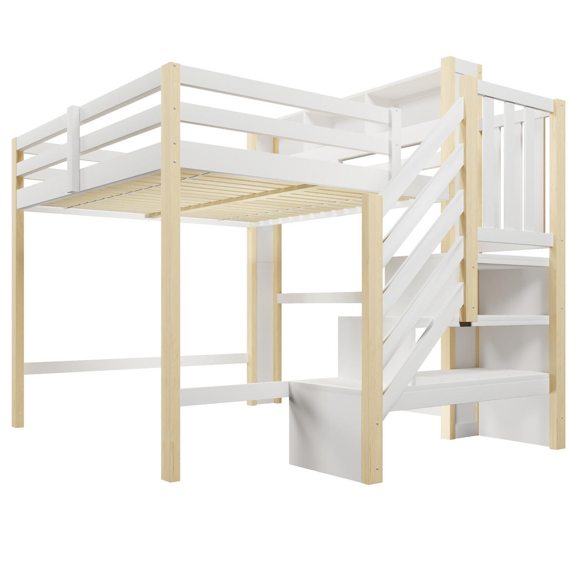 HOCHBETT 140/200 cm DE-33119 mit LED und Stauraumtreppe Weiß/Natur - Naturfarben, Holzwerkstoff (140/200cm) - ComfortXL