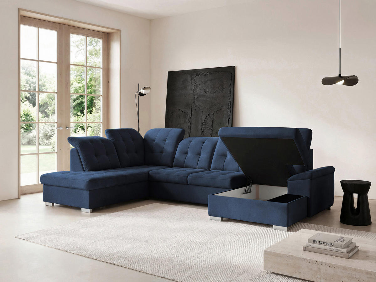 WOHNLANDSCHAFT ANON Ottomane Links, mit Schlaffunktion und Bettkasten, Dunkelblau - Dunkelblau, Kunststoff/Textil (322/87/220cm) - Idohome