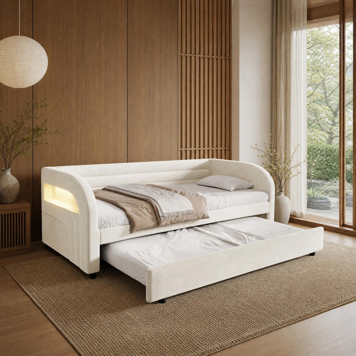 POLSTERBETT 90/200 mit Ausziehbett, LED-Beleuchtung und gepolstertem Samtbezug in Beige - Weiß, Holzwerkstoff/Textil (90/200cm) - EVRYAE