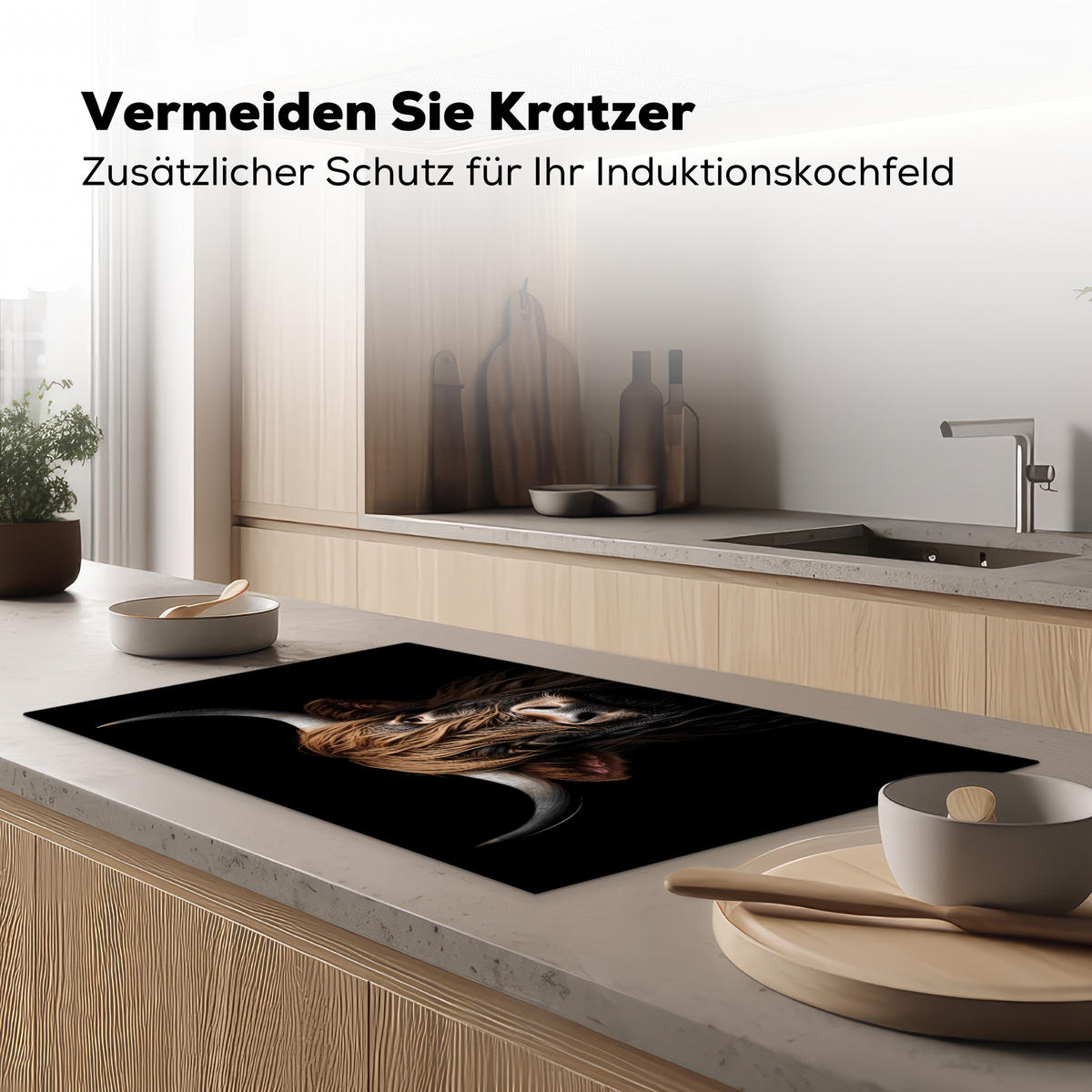 HERDABDECKPLATTE Schottischer Highlander - Porträt - Schwarz - Tier Induktionsschutz 89.6x51.6 cm - Braun, Kunststoff (89.6/51.6/0.2cm) - MuchoWow