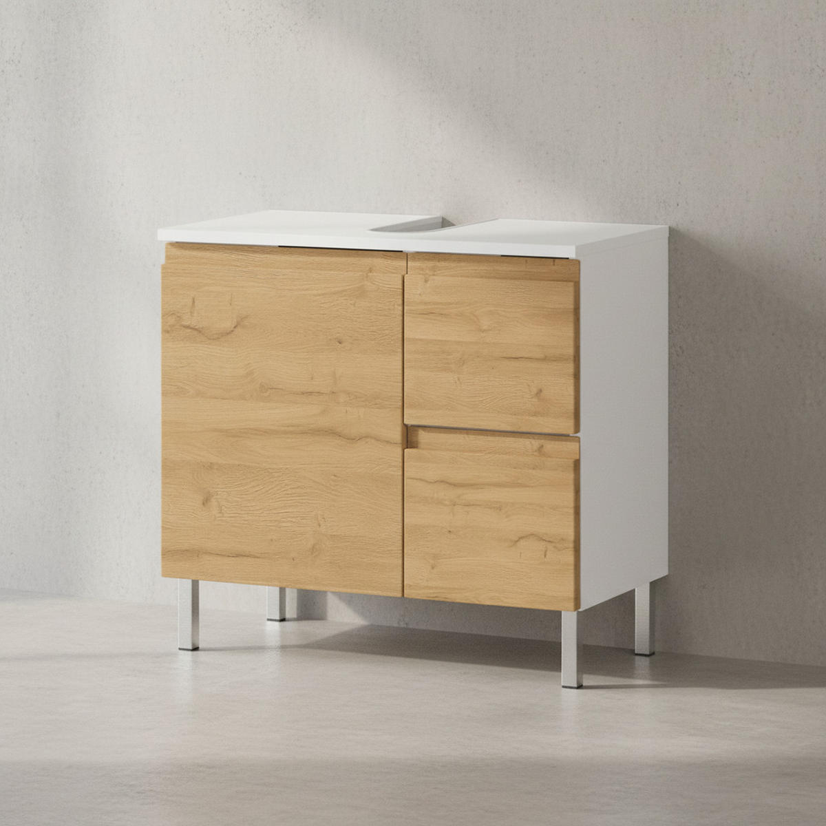 WASCHBECKENUNTERSCHRANK Weiß und Eiche Grandson 60x34x56 cm mit Chromfüßen VEER - Weiß, Holz/Metall (60/56/34cm) - KADIMA DESIGN