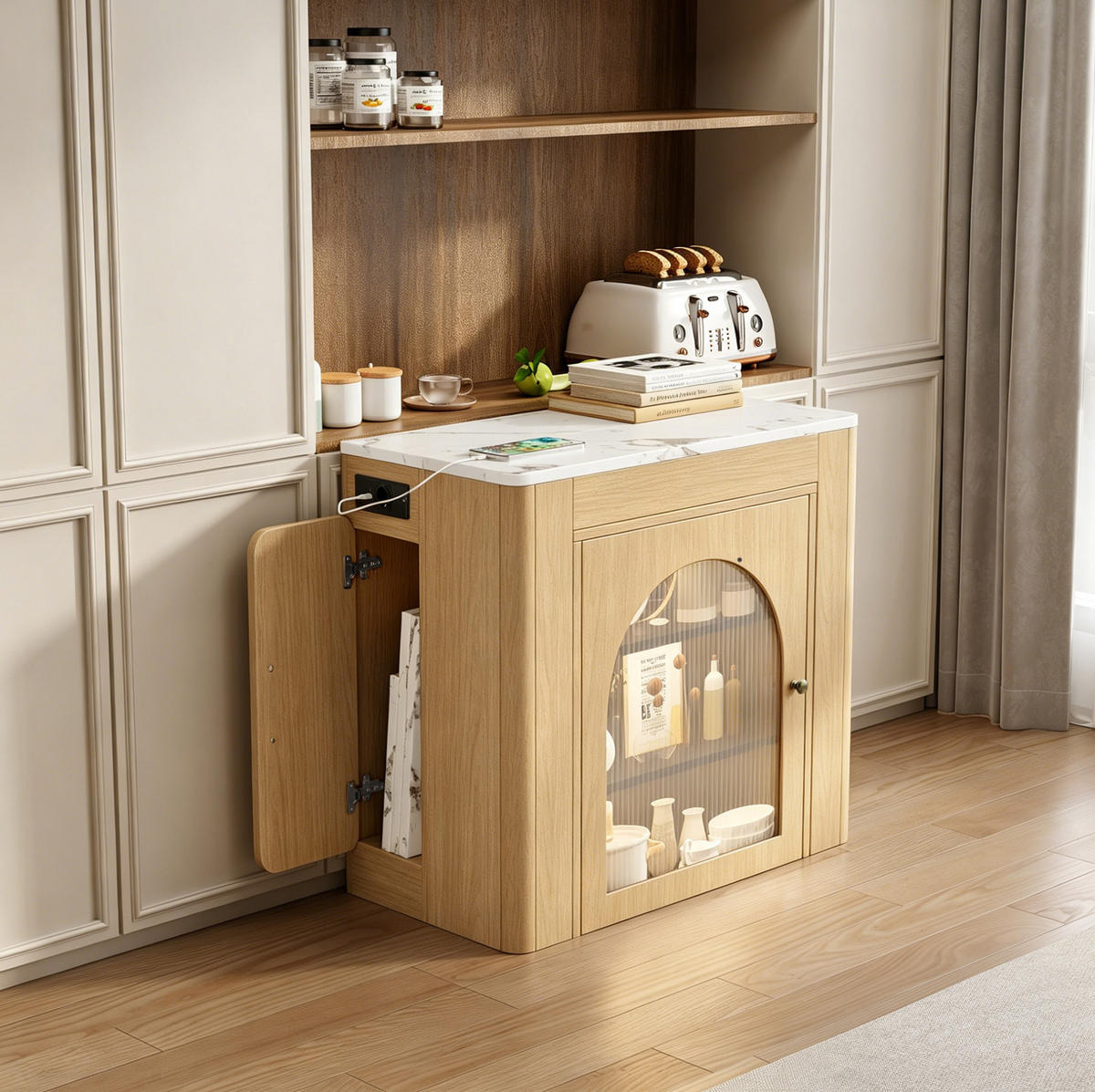 KÜCHENINSEL 83/39,6-149,6/77 cm mit Rollen, LED und Steckdose - Naturfarben, Holzwerkstoff (83/77/39.6cm) - BEAOK
