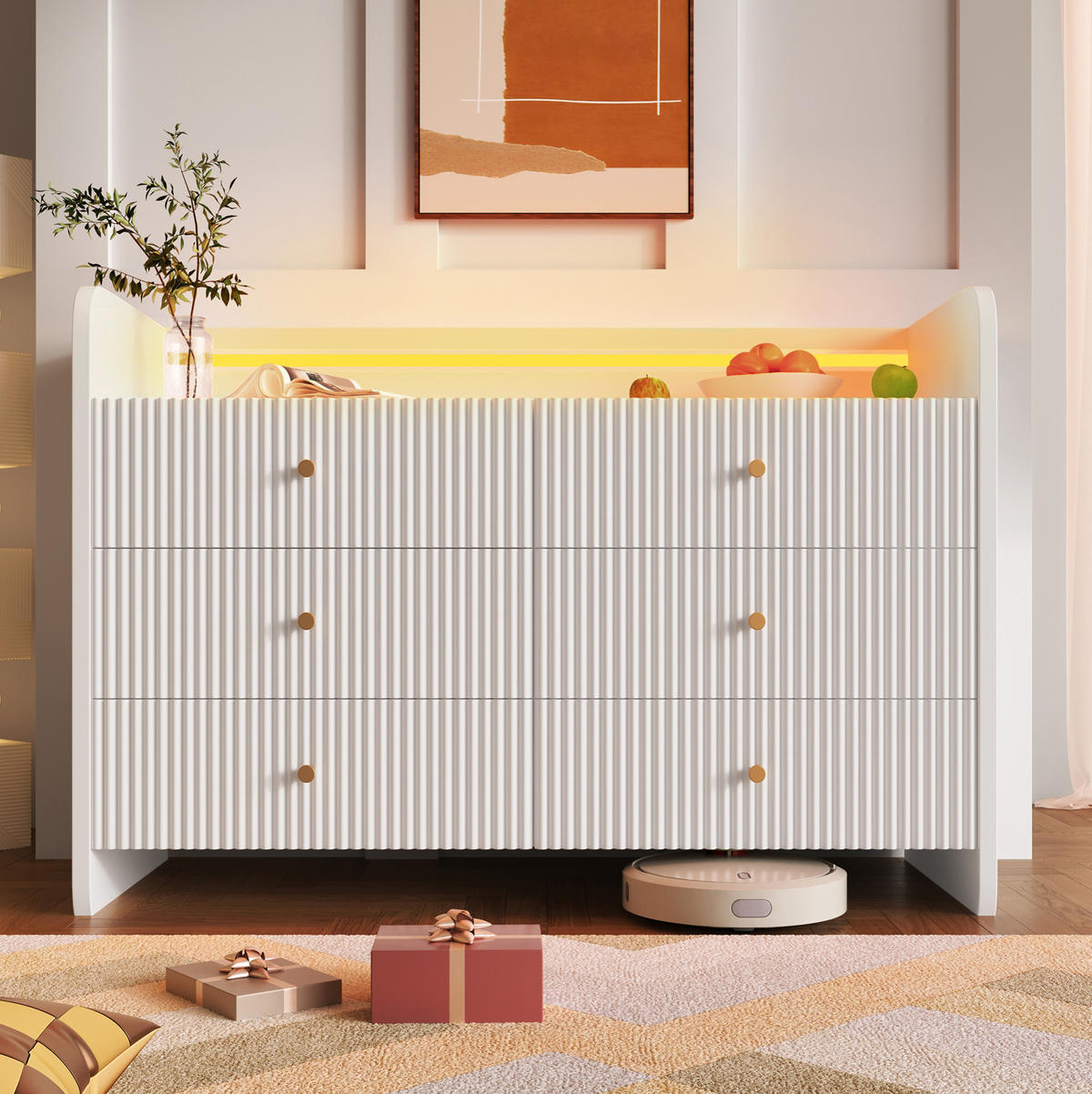SIDEBOARD mit LED-Beleuchtung 120 x 40 x 75 cm Weiß 6 Schubladen - Weiß, Holzwerkstoff (120/75/40cm) - Meubliv