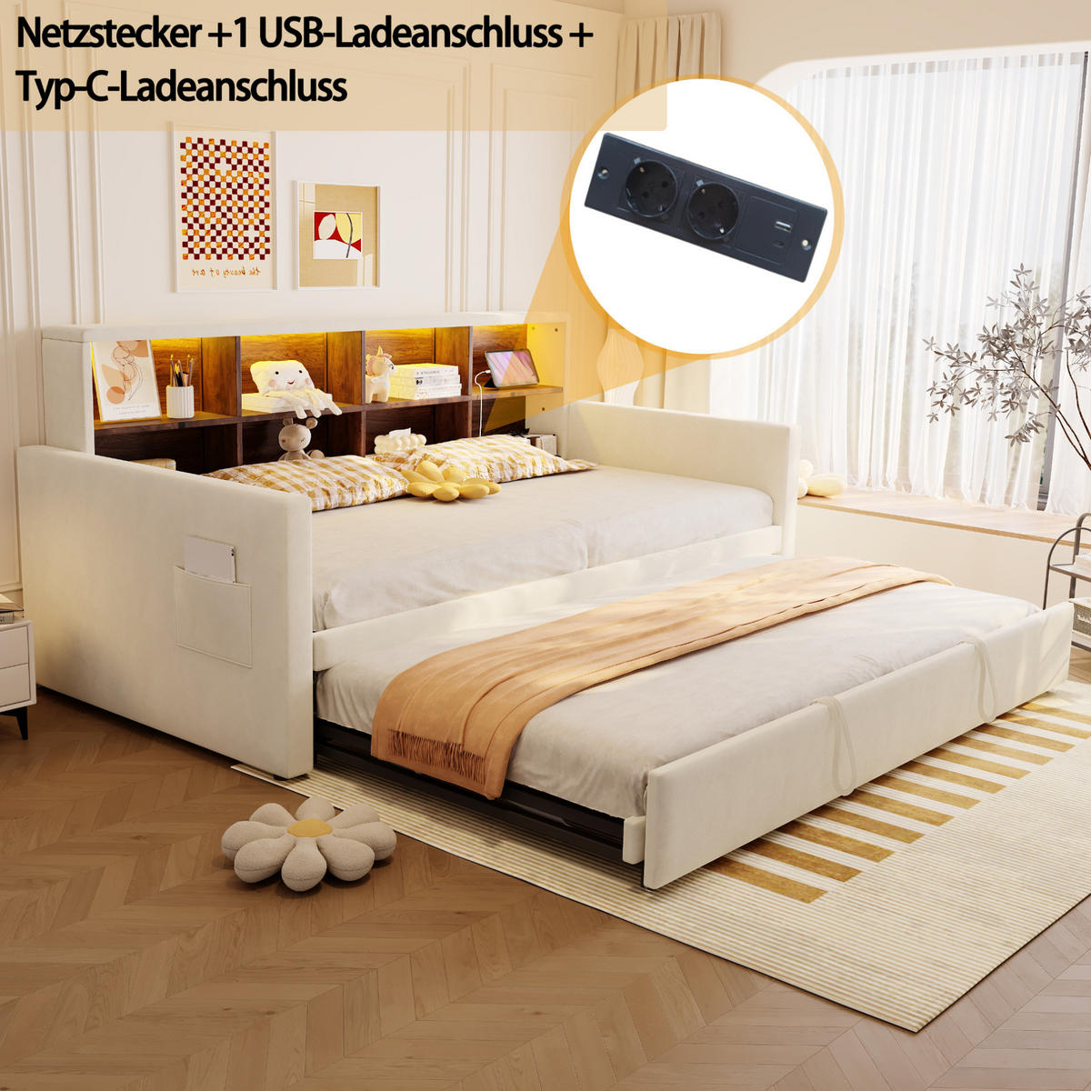 POLSTERBETT 90/190 cm aus Samt mit ausziehbarem Gästebett und LED-Kopfteil Beige - Beige, Textil (90/190cm) - Modenvie