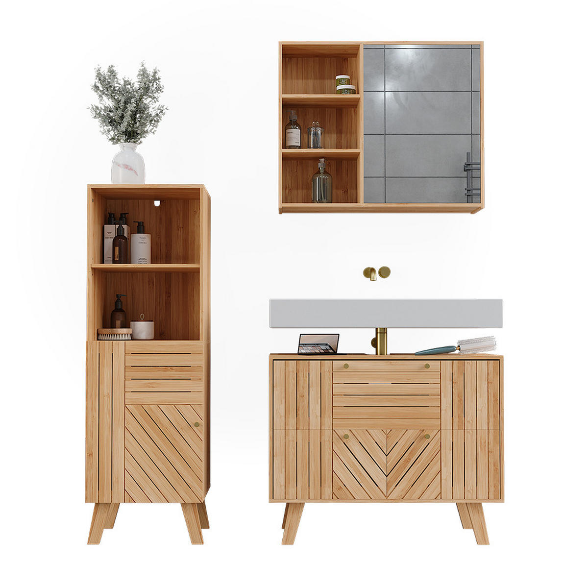 BADMÖBEL-SET Lucie Bambus 3 Teile - Grün, Holzwerkstoff (80/65/36cm) - Vicco