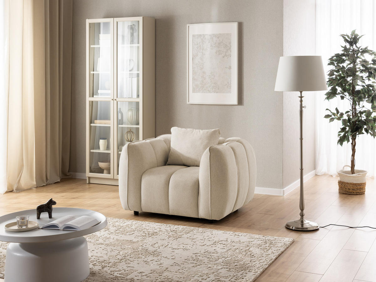 SITZGARNITUR 3+1 Nubira in tief gesteppter Bubble-Optik aus weichem Hellbeige Strukturstoff im modernen Design - Beige/Schwarz, Holz/Kunststoff (228/69/89cm) - S-Style Möbel