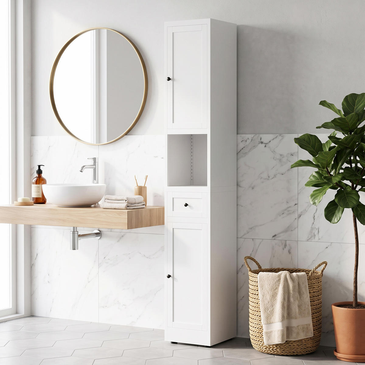 BADEZIMMERSCHRANK Weiß Hochschrank 5 Ebenen 2 Türen - Weiß, Holzwerkstoff (30/180/30cm) - Urban Meuble