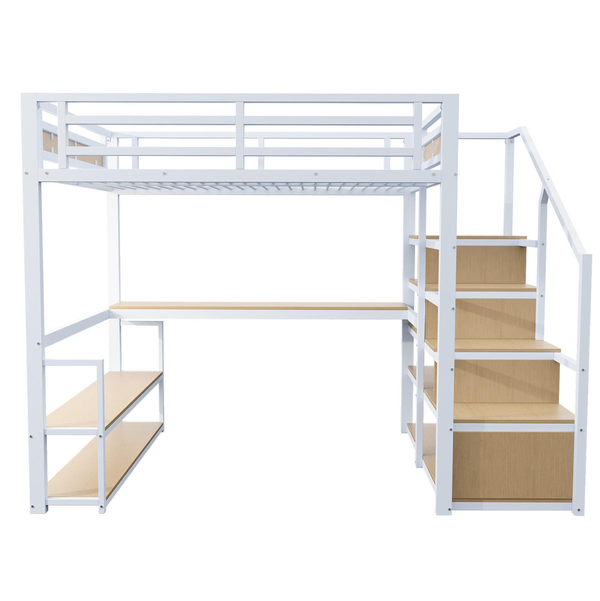 VISOKA postelja 140/200 cm bela z mizo, policami in stopnicami za shranjevanje iz kovine in MDF - bela, kovina (140/200cm) - OKWISH